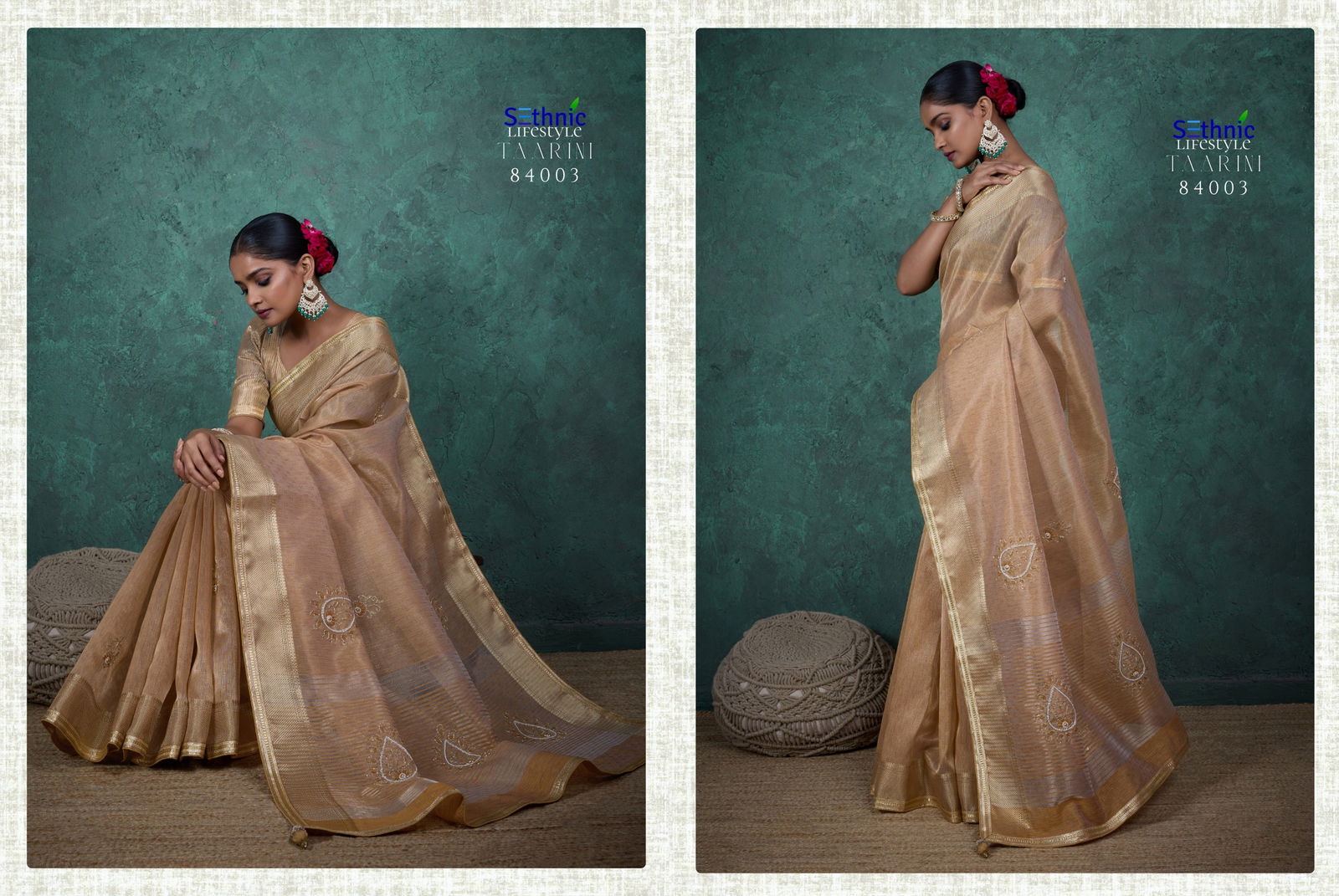 Tarini By Sethnic Self Work Linen Tissue Ocassion Saree Exporters In India
